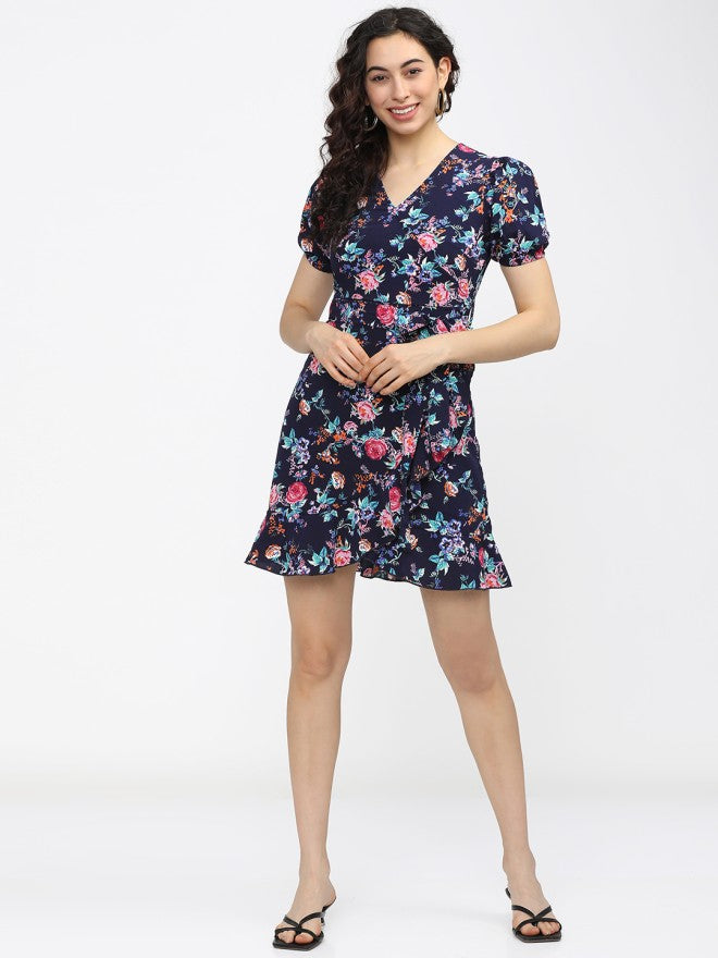 Tokyo Talkies Women Navy Blue Printed Fit and Flare Dress - Navy Blue - Image 4
