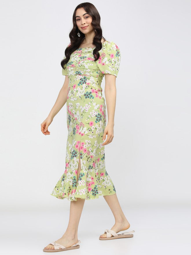 Tokyo Talkies Women Green Printed Fit and Flare Dress - Green - Image 1