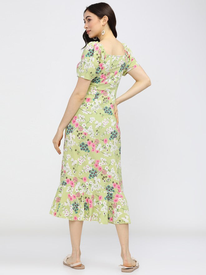 Tokyo Talkies Women Green Printed Fit and Flare Dress - Green - Image 2