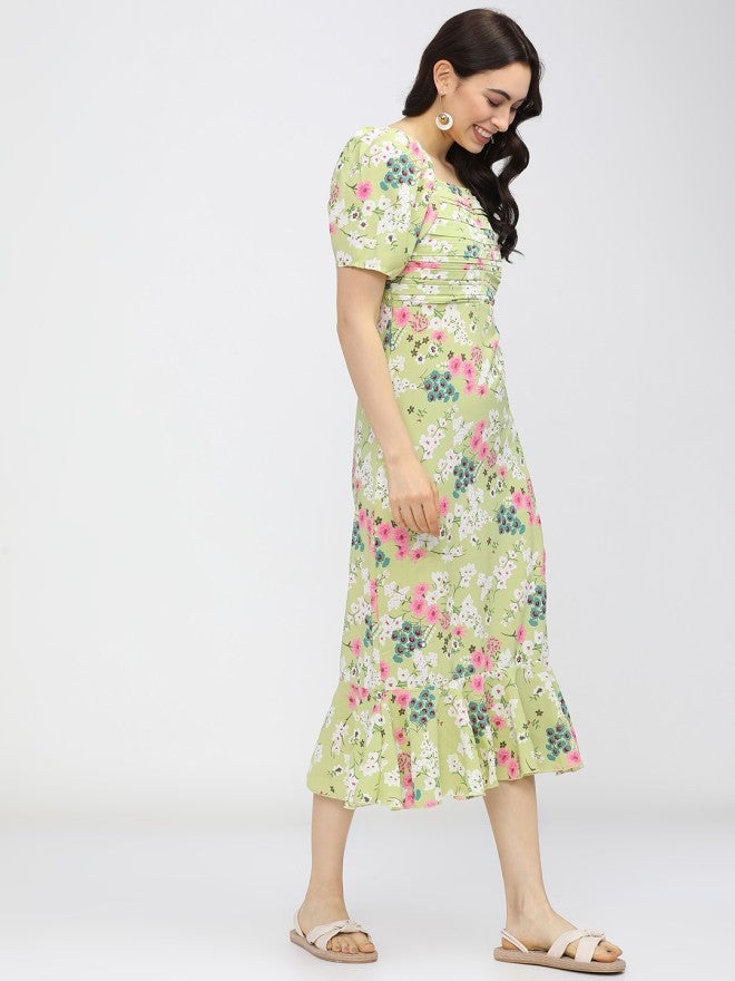 Tokyo Talkies Women Green Printed Fit and Flare Dress - Green - Image 4