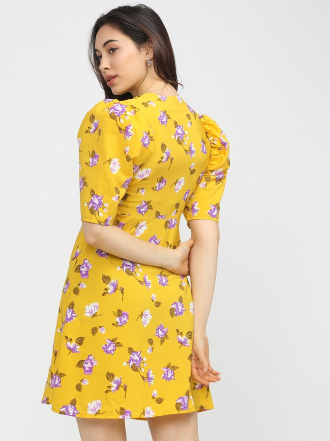 Tokyo Talkies Women Yellow Printed Fit and Flare Dress - Yellow - Image 2
