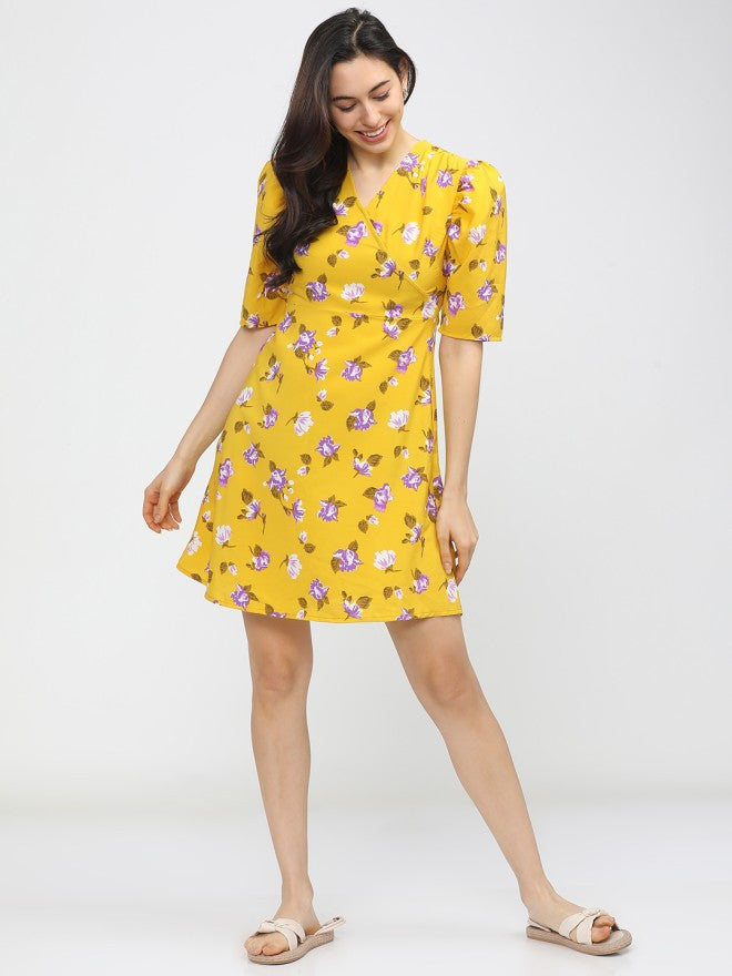Tokyo Talkies Women Yellow Printed Fit and Flare Dress - Yellow - Image 4