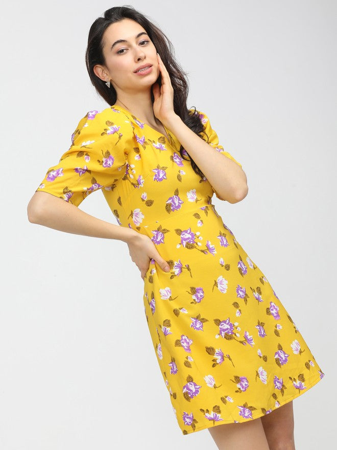 Tokyo Talkies Women Yellow Printed Fit and Flare Dress - Yellow - Image 5