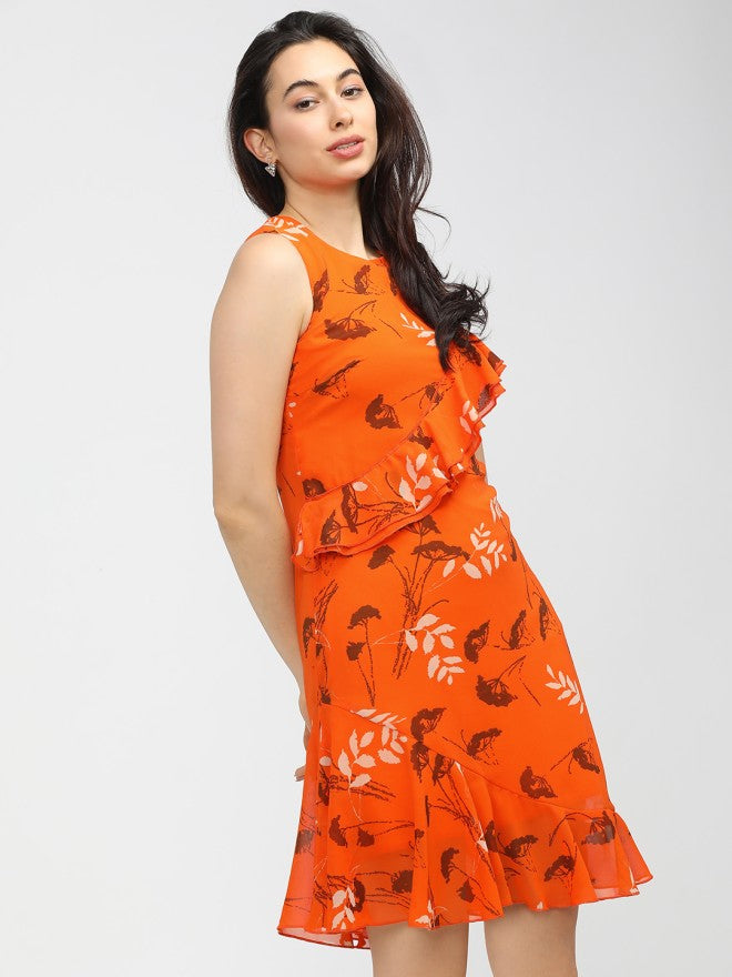 Tokyo Talkies Women Orange Printed Fit and Flare Dress - Orange - Image 5