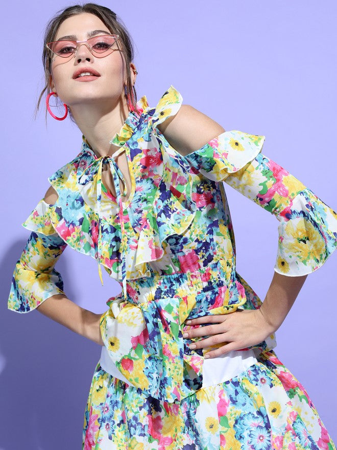 Tokyo Talkies Women Blue Printed Fit and Flare Dress - Blue - Image 1