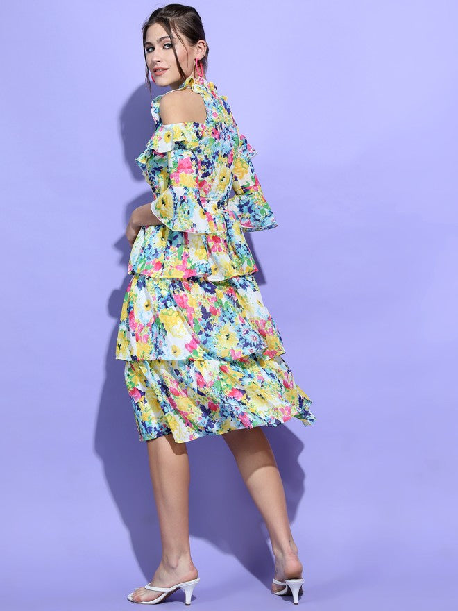 Tokyo Talkies Women Blue Printed Fit and Flare Dress - Blue - Image 2