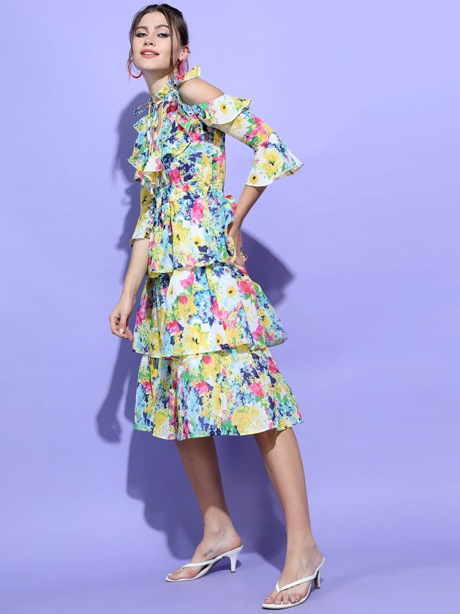 Tokyo Talkies Women Blue Printed Fit and Flare Dress - Blue - Image 4