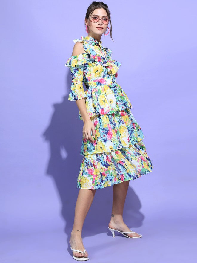 Tokyo Talkies Women Blue Printed Fit and Flare Dress - Blue - Image 5