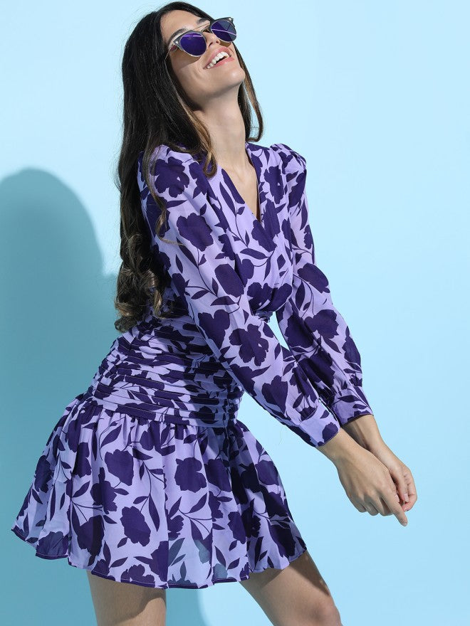 Tokyo Talkies Women Purple Printed Fit and Flare Dress - Purple - Image 5