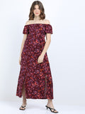 Tokyo Talkies Women Maroon Printed Maxi Dress - Maroon - Image 1