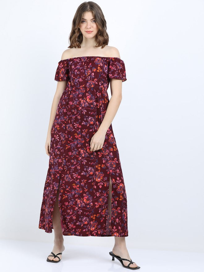 Tokyo Talkies Women Maroon Printed Maxi Dress - Maroon - Image 1