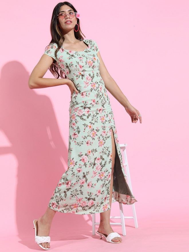 Tokyo Talkies Women Green Printed A-Line Dress - Green - Image 4