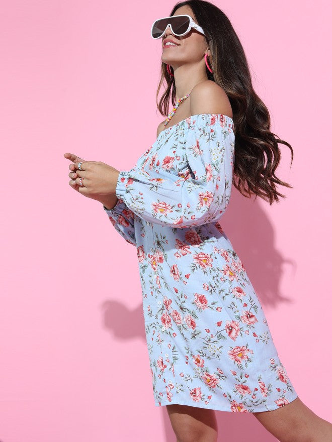 Tokyo Talkies Women Blue Printed Fit and Flare Dress - Blue - Image 1