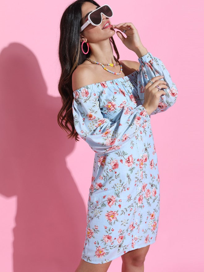 Tokyo Talkies Women Blue Printed Fit and Flare Dress - Blue - Image 5