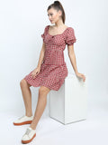 Tokyo Talkies Women Maroon Checked A-Line Dress - Maroon - Image 1