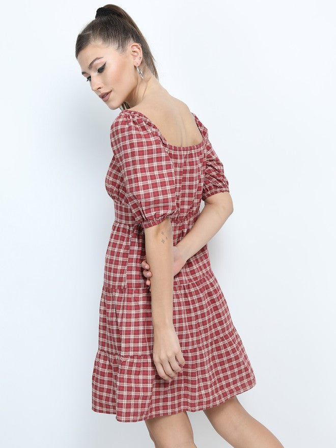 Tokyo Talkies Women Maroon Checked A-Line Dress - Maroon - Image 2