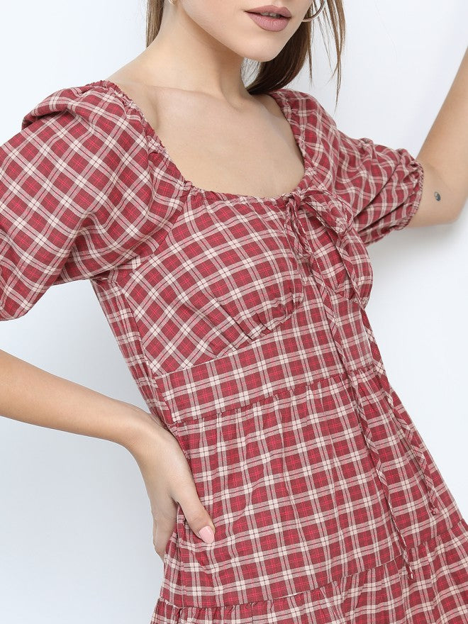 Tokyo Talkies Women Maroon Checked A-Line Dress - Maroon - Image 3