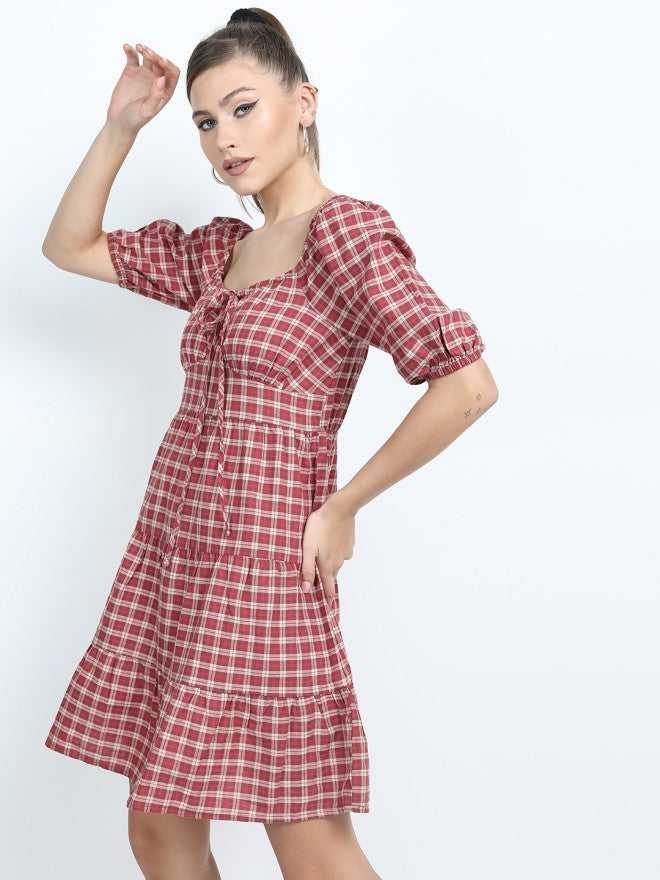 Tokyo Talkies Women Maroon Checked A-Line Dress - Maroon - Image 4