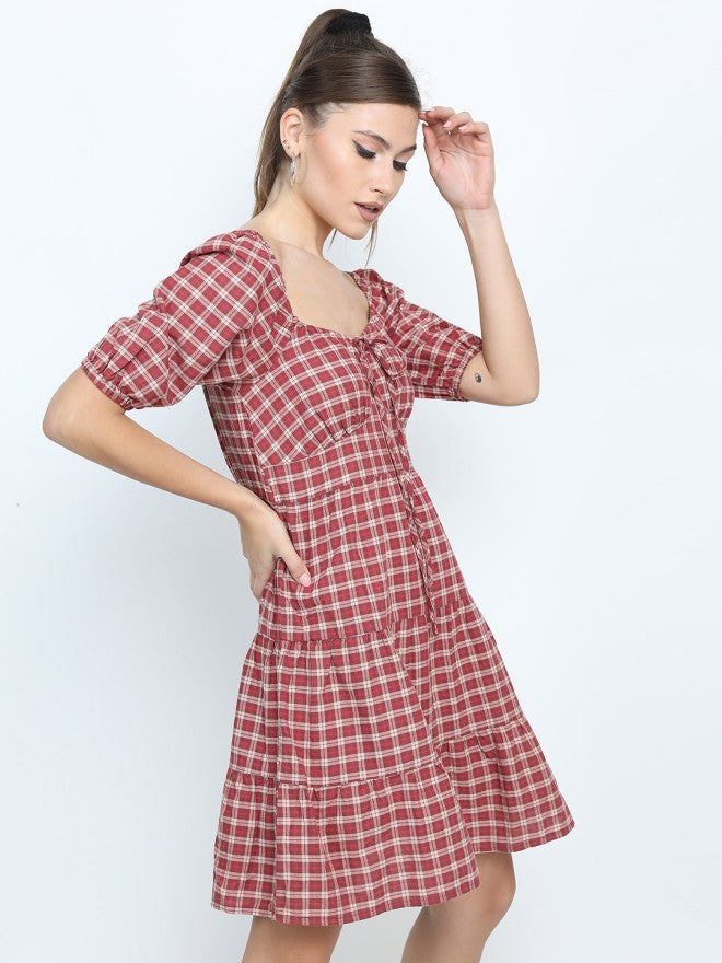 Tokyo Talkies Women Maroon Checked A-Line Dress - Maroon - Image 5