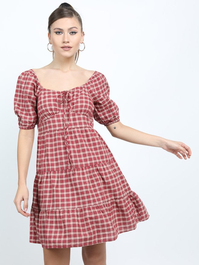 Tokyo Talkies Women Maroon Checked A-Line Dress - Maroon - Image 6