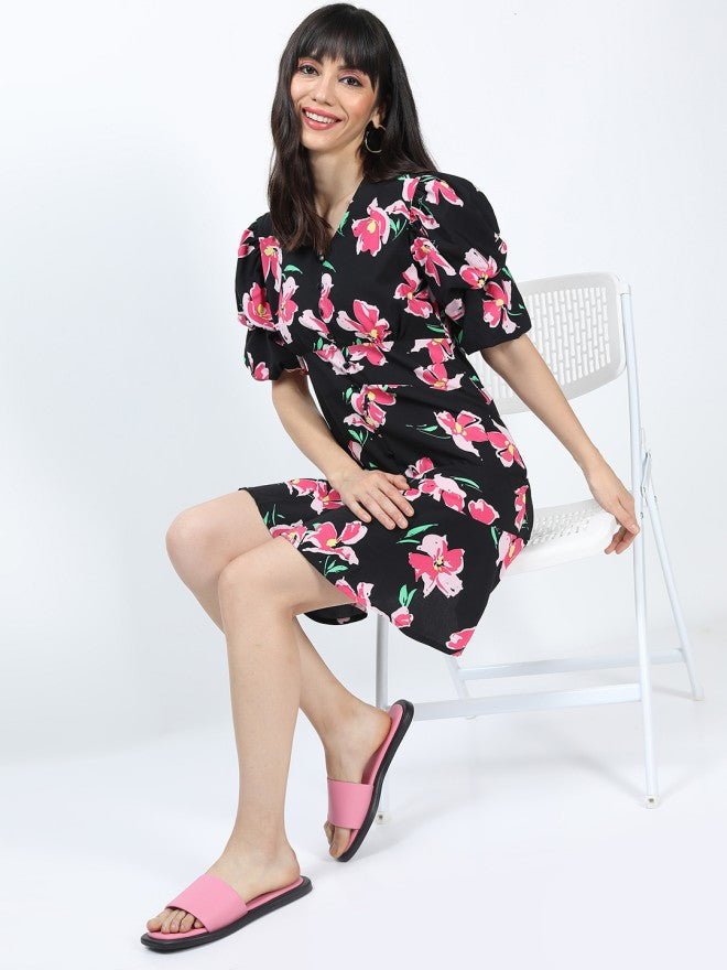 Tokyo Talkies Women Black Printed Peplum Dress - Black - Image 1