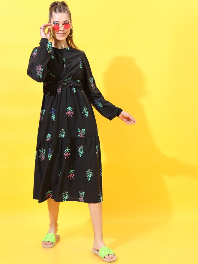 Tokyo Talkies Women Black Printed A-Line Dress - Black - Image 1