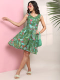 Tokyo Talkies Women Green Printed Fit and Flare Dress - Green - Image 1