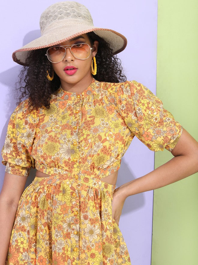 Tokyo Talkies Women Mustard Printed Fit and Flare Dress - Mustard - Image 1