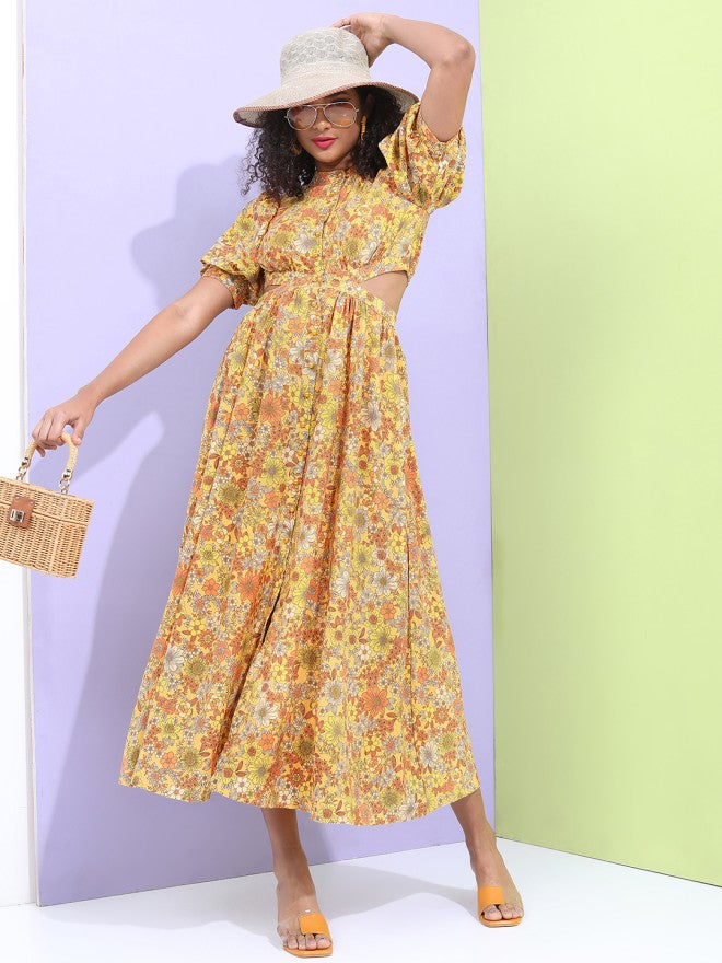Tokyo Talkies Women Mustard Printed Fit and Flare Dress - Mustard - Image 3