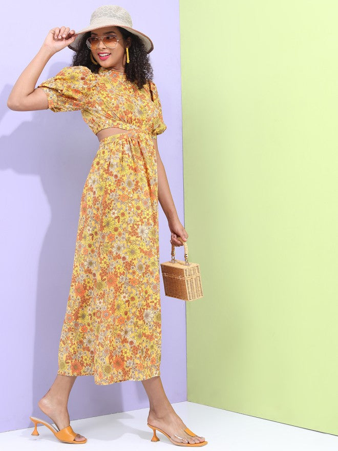 Tokyo Talkies Women Mustard Printed Fit and Flare Dress - Mustard - Image 4