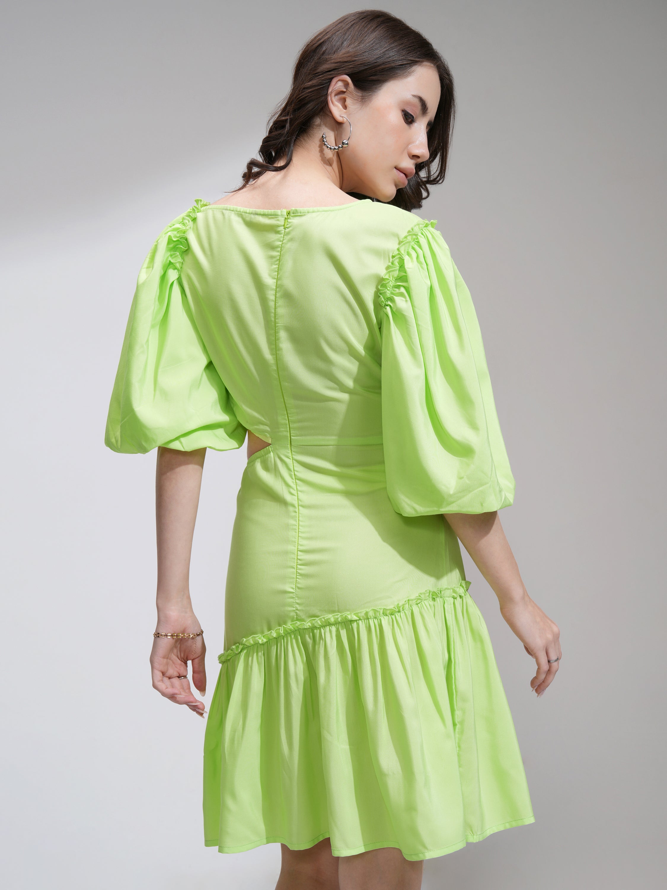 Tokyo Talkies Women Lime Green Solid Fit and Flare Dress - Lime Green - Image 3