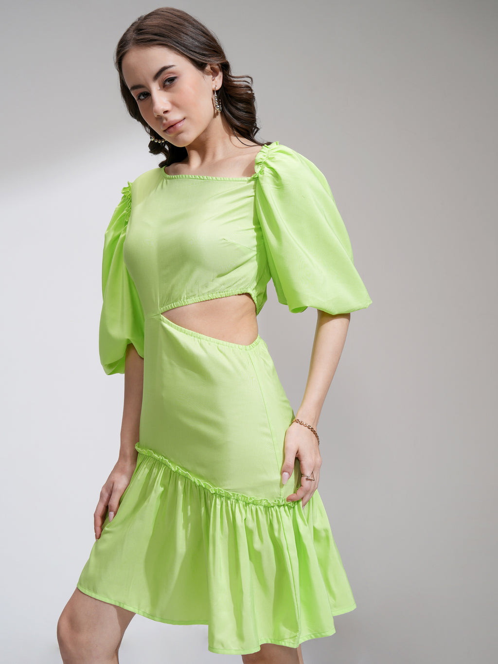 Tokyo Talkies Women Lime Green Solid Fit and Flare Dress - Lime Green - Image 4
