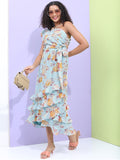Tokyo Talkies Women Teal Printed Fit and Flare Dress - Teal - Image 1