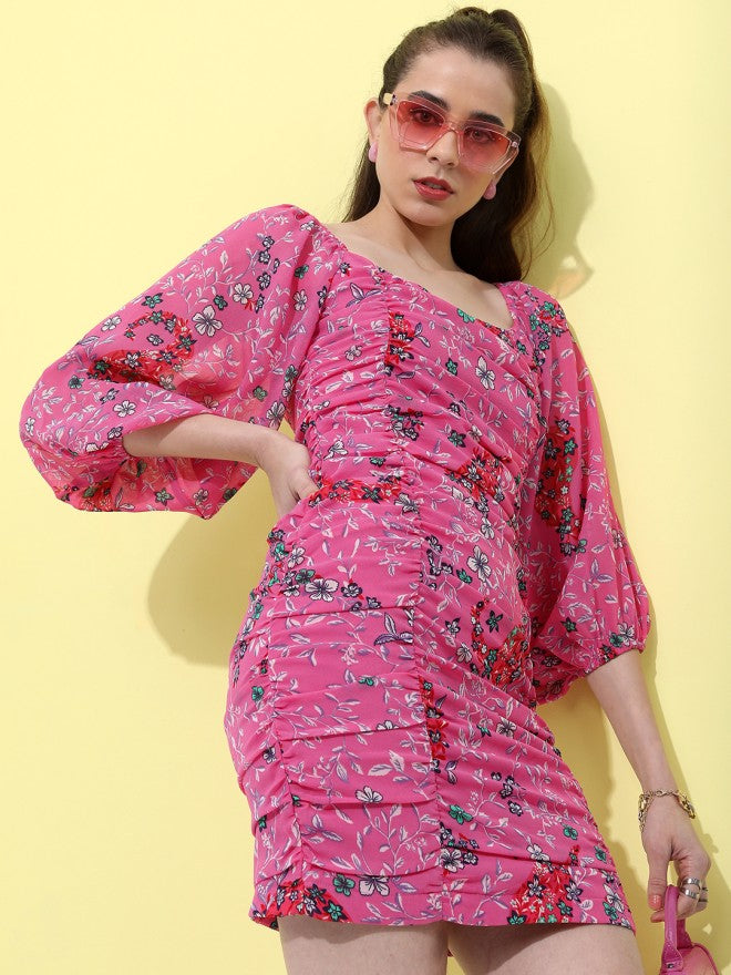 Tokyo Talkies Women Pink Printed Fit and Flare Dress - Pink - Image 4
