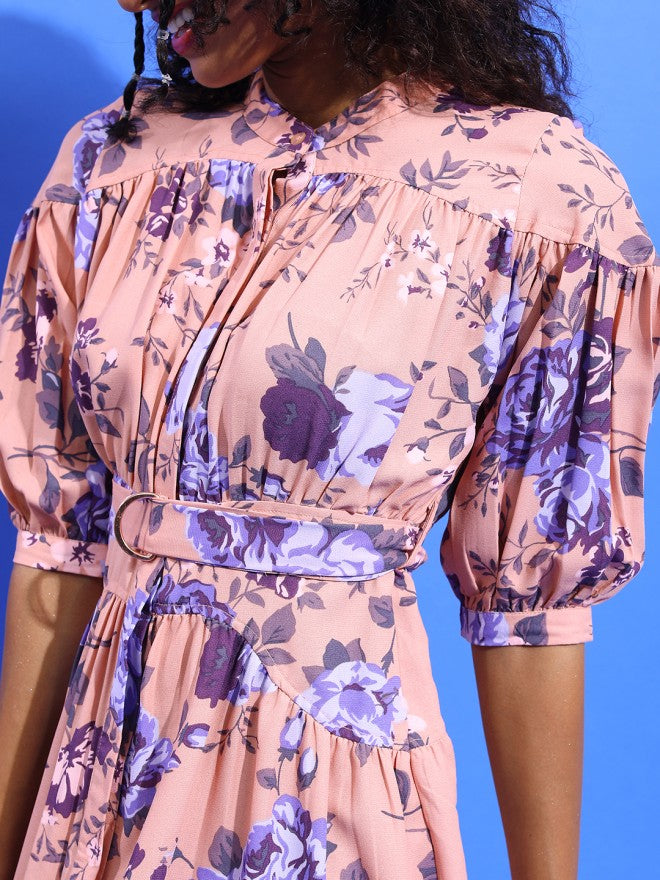 Tokyo Talkies Women Peach Printed Fit and Flare Dress - Peach - Image 4