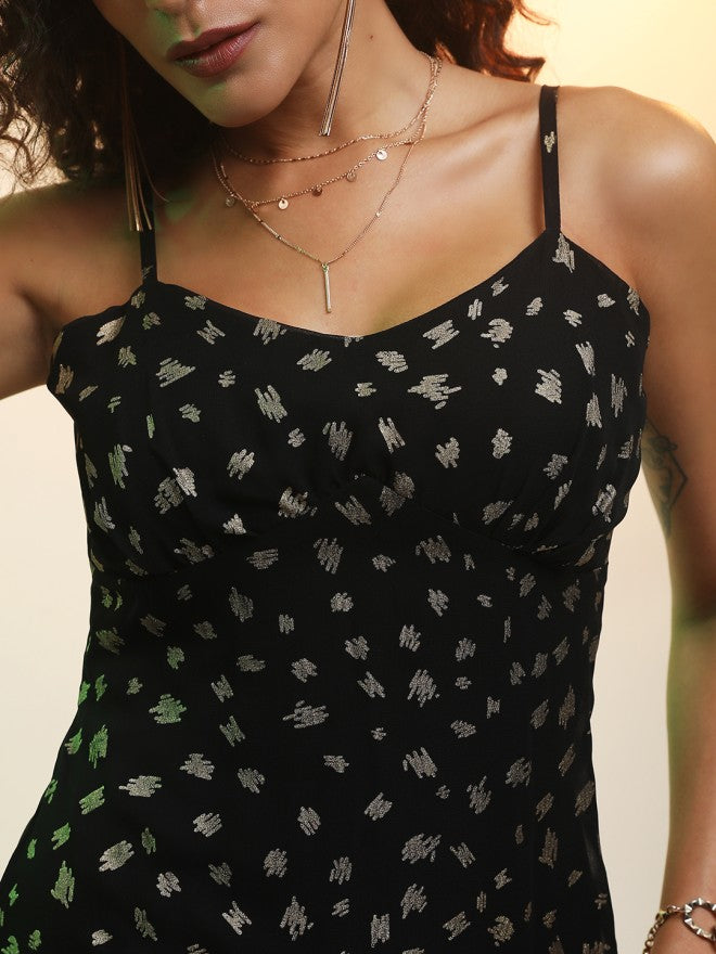 Tokyo Talkies Women Black Self Design A-Line Dress - Black - Image 4