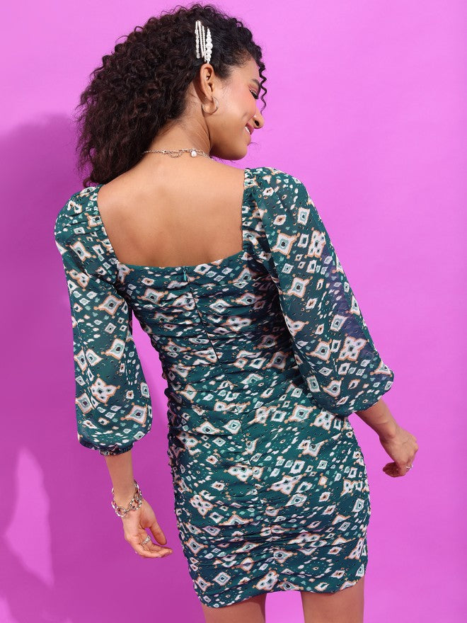 Tokyo Talkies Women Teal Printed Bodycon Dress - Teal - Image 2