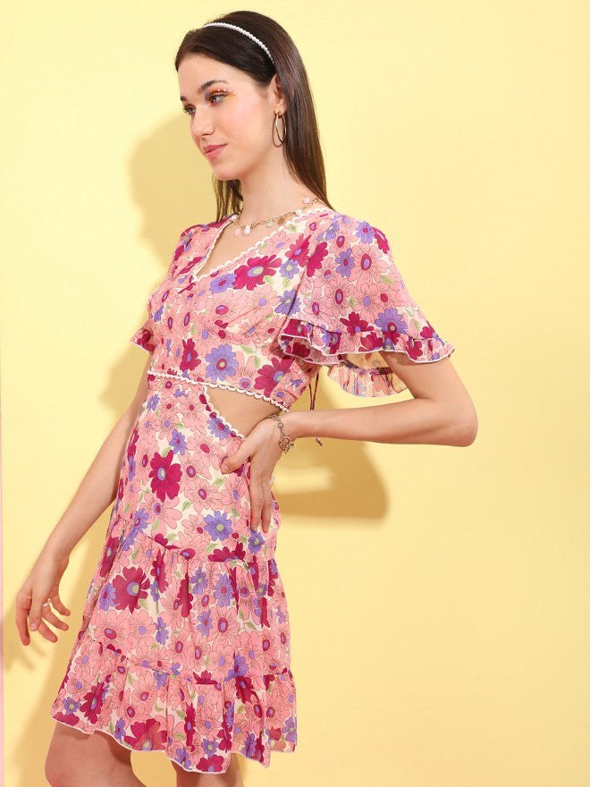 Tokyo Talkies Women Peach Printed Fit and Flare Dress - Peach - Image 3