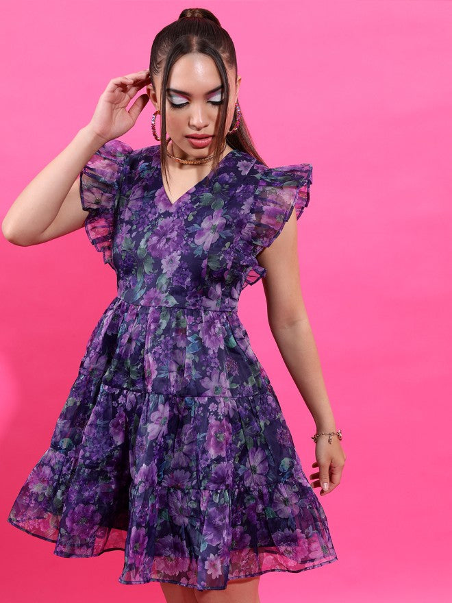 Tokyo Talkies Women Lavender Printed A-Line Dress - Lavender - Image 3