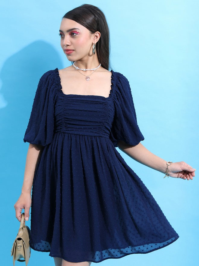 Tokyo Talkies Women Navy Blue Self Design Fit and Flare Dress - Navy Blue - Image 5