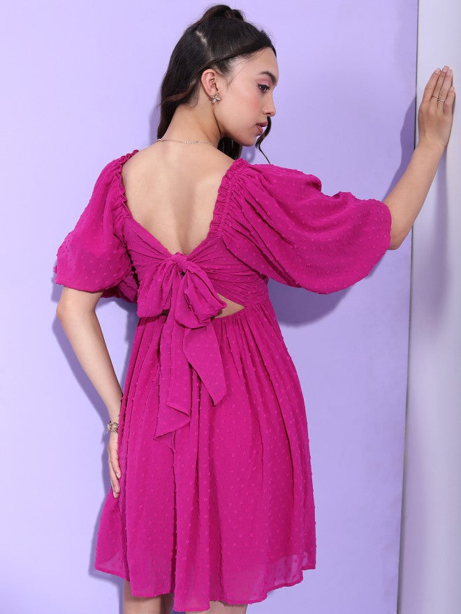 Tokyo Talkies Women Fuchsia Self Design Fit and Flare Dress - Fuchsia - Image 2