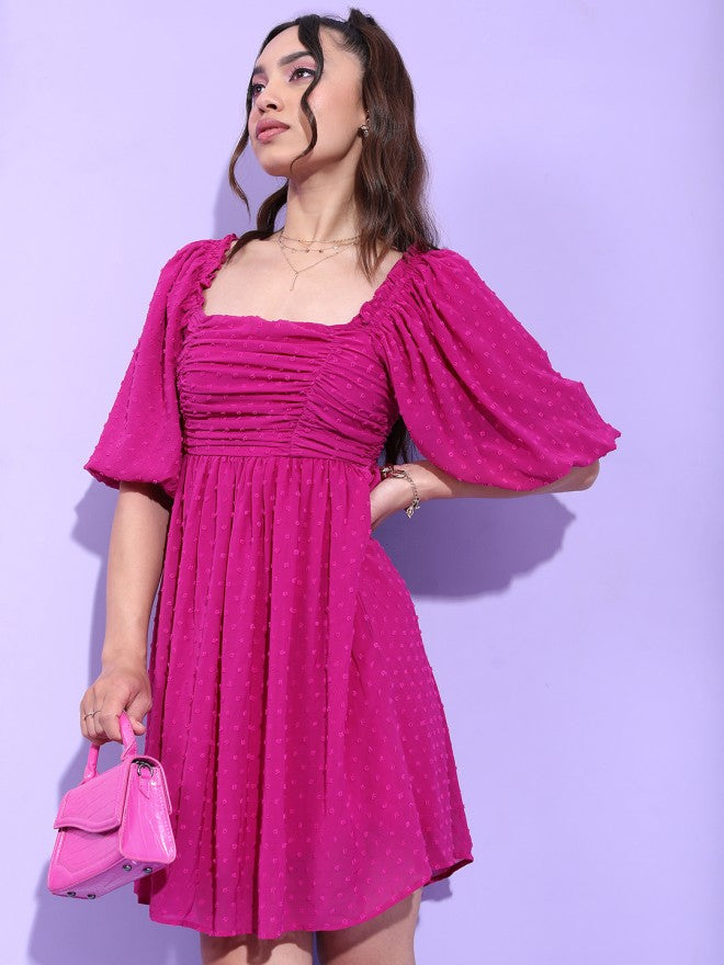 Tokyo Talkies Women Fuchsia Self Design Fit and Flare Dress - Fuchsia - Image 3