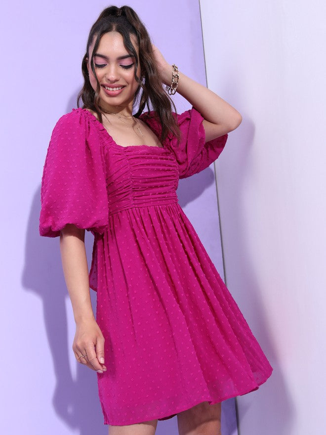Tokyo Talkies Women Fuchsia Self Design Fit and Flare Dress - Fuchsia - Image 5