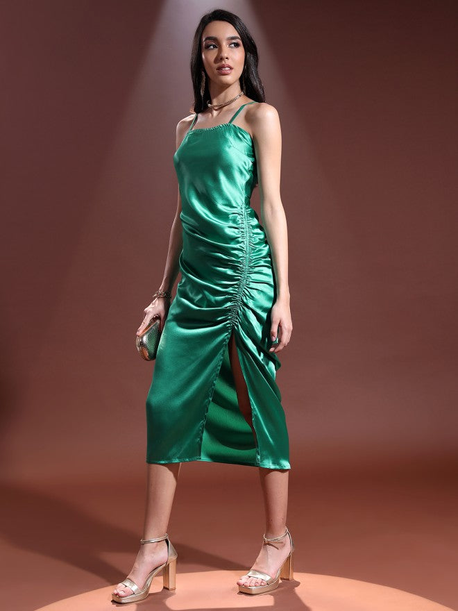 Tokyo Talkies Women Green Solid Wrap Dress - Green - Image 1