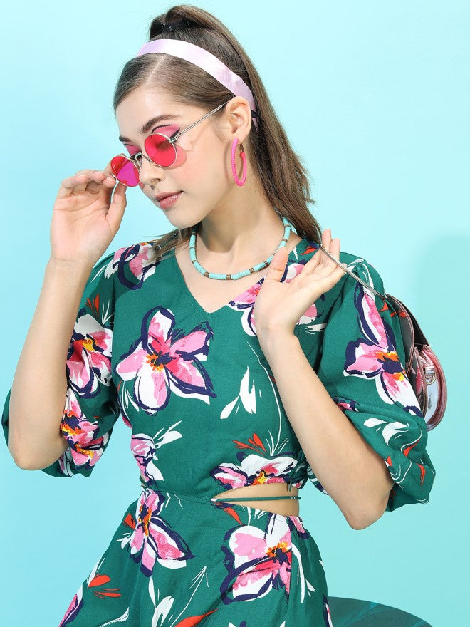 Tokyo Talkies Women Green Printed A-Line Dress - Green - Image 1