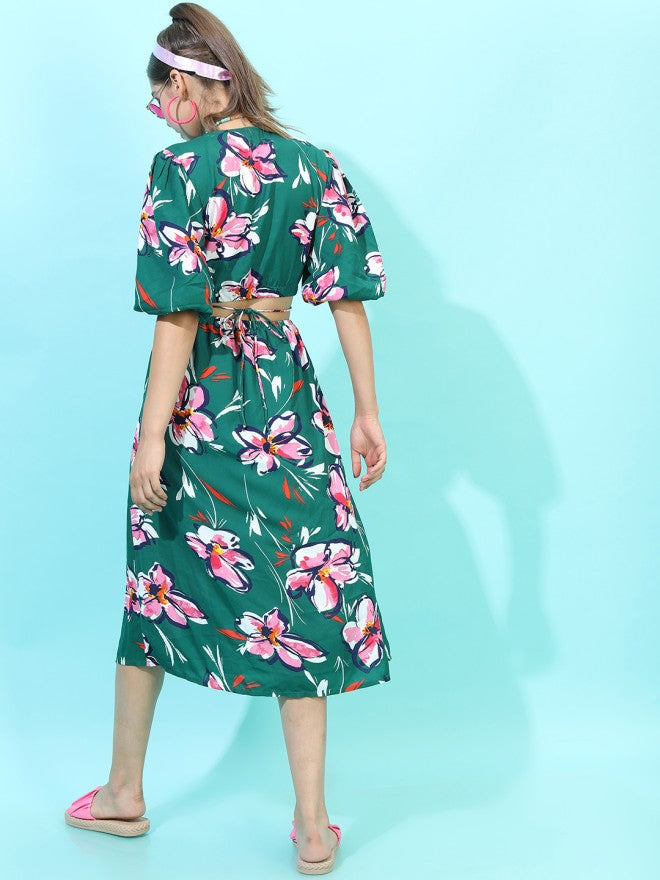Tokyo Talkies Women Green Printed A-Line Dress - Green - Image 2