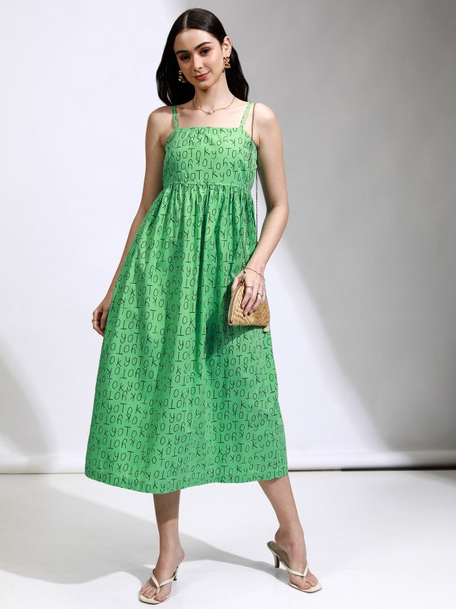 Tokyo Talkies Women Green Printed Fit And Flare Dress - Green - Image 2
