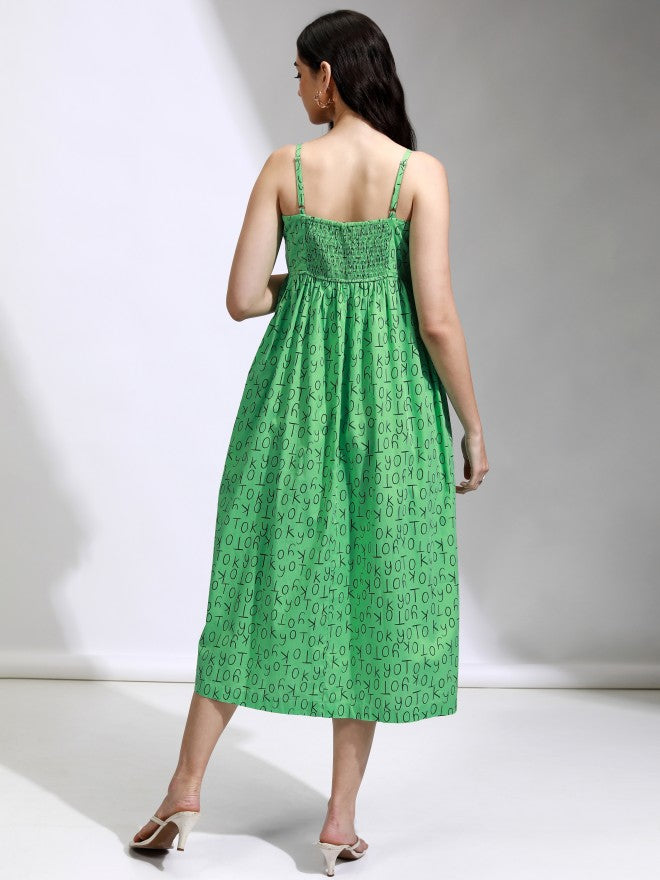 Tokyo Talkies Women Green Printed Fit And Flare Dress - Green - Image 3