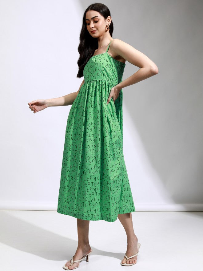 Tokyo Talkies Women Green Printed Fit And Flare Dress - Green - Image 4