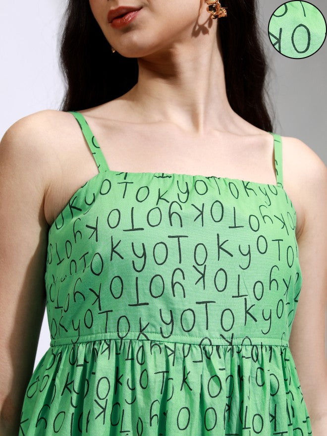 Tokyo Talkies Women Green Printed Fit And Flare Dress - Green - Image 5